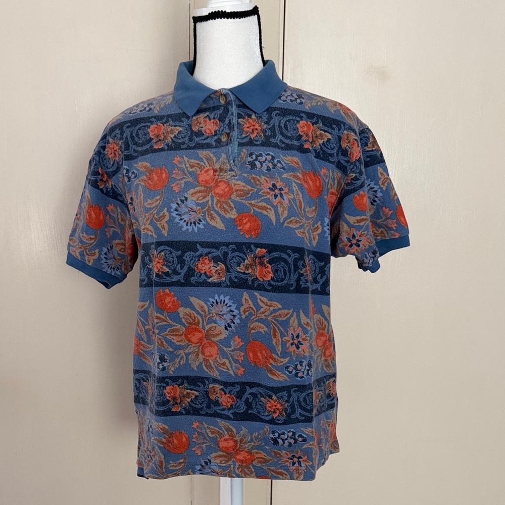 Hunt Club Blue and Red Floral Polo Shirt